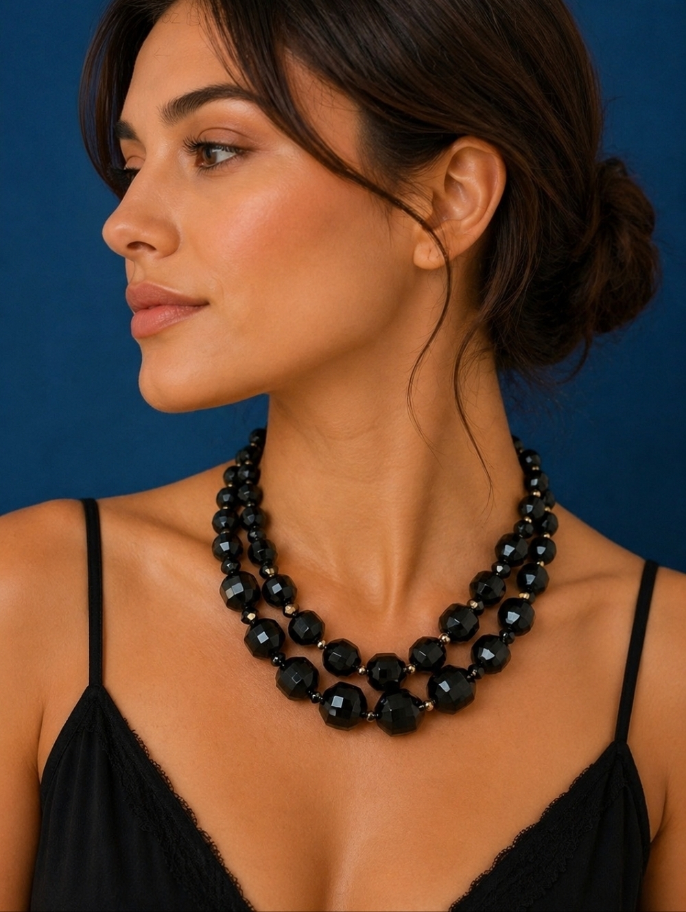 VTG 1950s Chunky Black Faceted Acrylic Layered Necklace